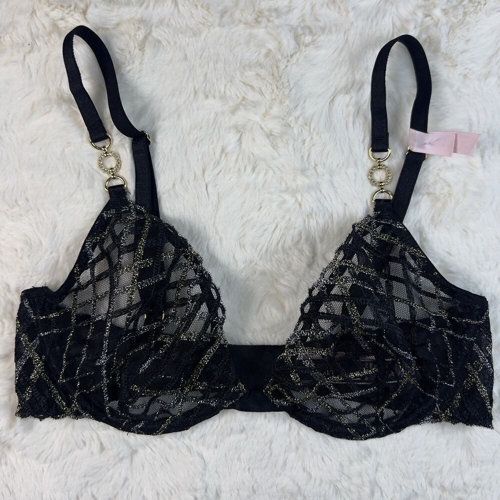 Victoria's Secret Dark Black Mesh Lace Shimmery‎ Demi Bra 32C Gold Detail NWT